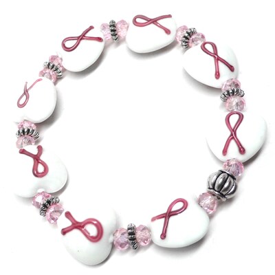 Pink Ribbon 16mm Large Glass Heart Stretch Elastic Large Chunky Bracelet - image2